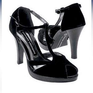 Chinese Laundry Nyrvana High Heel Peep Toe Strap Dress Shoes, Black Kid Suede